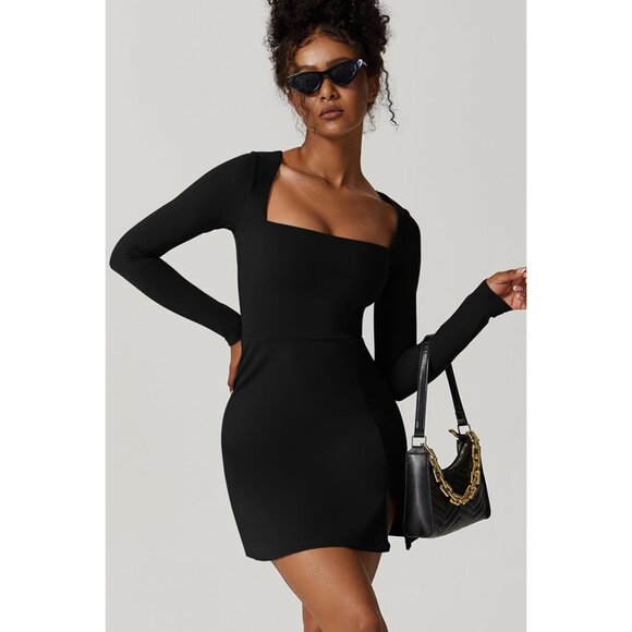 Women's Square Neck Bodice Dress Long Sleeve Side Slit Flare Mini - Picture 5 of 6